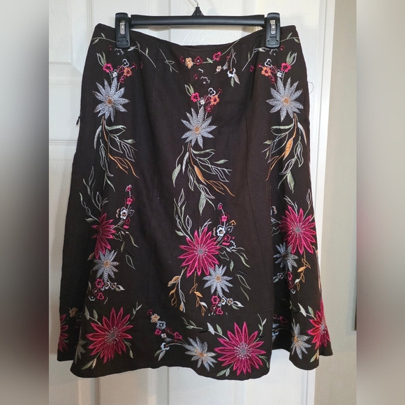 Linea Dresses & Skirts - Linea Embroidered Floral Brown Linen A Line Skirt 14